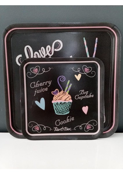 Melamin Love Menu Desenli 2 Li Kare Kaydırmaz Tepsi 24-33 Cm