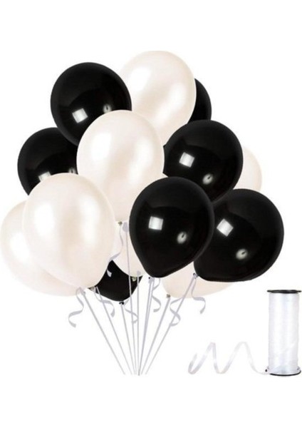 50 Adet Metalik Beyaz Siyah Balon 2 Renk