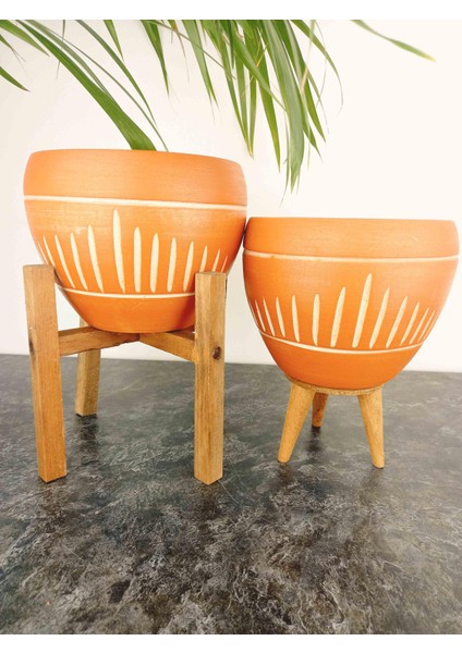 Ev Dekorasyon Dik Çizgi Desenli Terrakota Toprak Saksı Saksılık Salon Çiçeklik İkili Set 3 Ayaklı- 4 Ayaklı- 15 Cm fiyatları