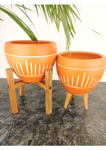 Ev Dekorasyon Dik Çizgi Desenli Terrakota Toprak Saksı Saksılık Salon Çiçeklik İkili Set 3 Ayaklı- 4 Ayaklı- 15 Cm modelleri
