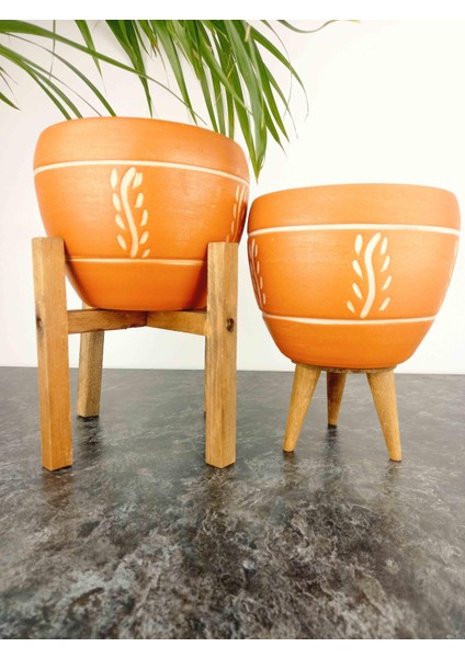 Ev Dekorasyon Nakış Desenli Terrakota Toprak Saksı Saksılık Salon Çiçeklik İkili Set 3 Ayaklı- 4 Ayaklı- 15 Cm