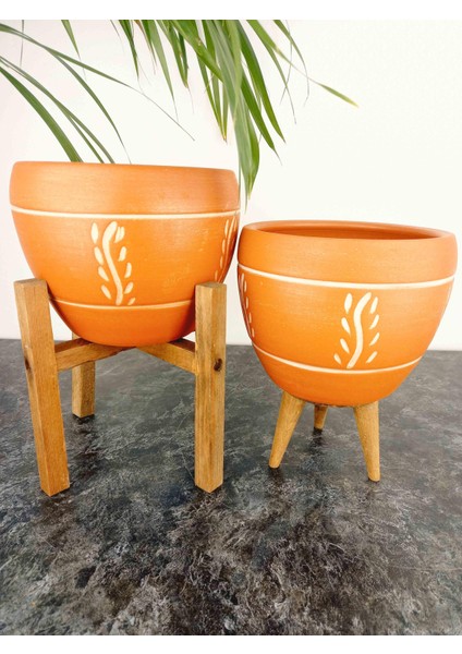 Ev Dekorasyon Nakış Desenli Terrakota Toprak Saksı Saksılık Salon Çiçeklik İkili Set 3 Ayaklı- 4 Ayaklı- 15 Cm modelleri