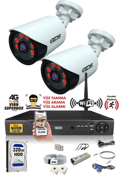 2 Kameralı 1080P Full HD Güvenlik Sistemi – IP66 Su Geçirmez, Gece Görüşlü, Telefon ve PC’den Canlı İzleme, H.265 Kayıt