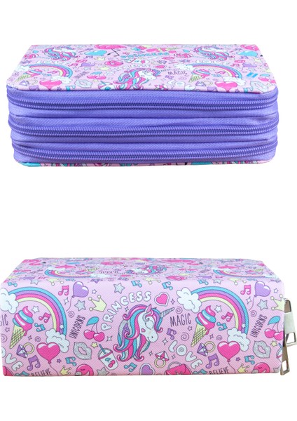 Kalem Kutusu Prenses Unicorn Orginazer Vegan Deri Üç Bölmeli (Kalemlik Lila) modelleri