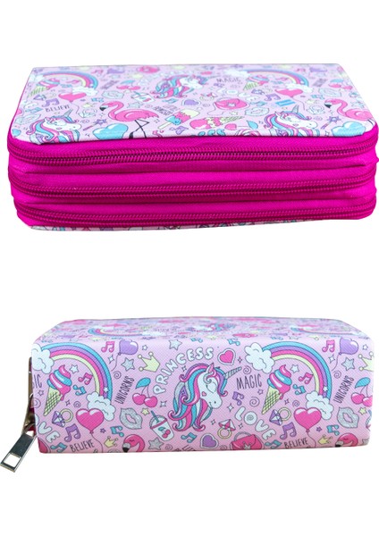 Kalem Kutusu Prenses Unicorn Vegan Deri Üç Bölmeli (Kalemlik Pembe) modelleri