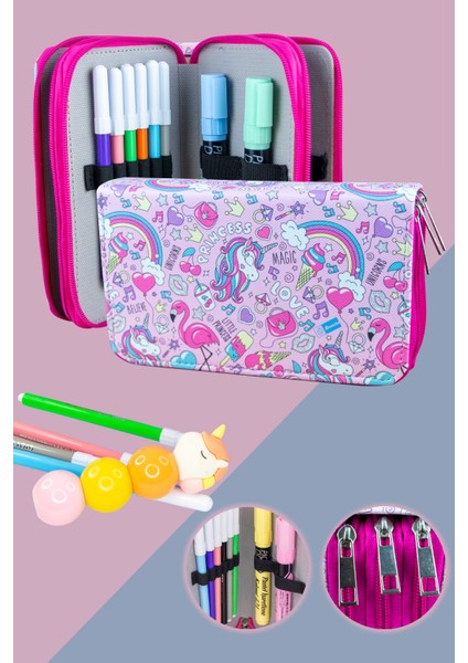 Kalem Kutusu Prenses Unicorn Vegan Deri Üç Bölmeli (Kalemlik Pembe)