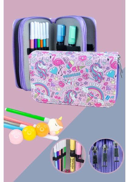 Kalem Kutusu Prenses Unicorn Orginazer Vegan Deri Üç Bölmeli (Kalemlik Lila)