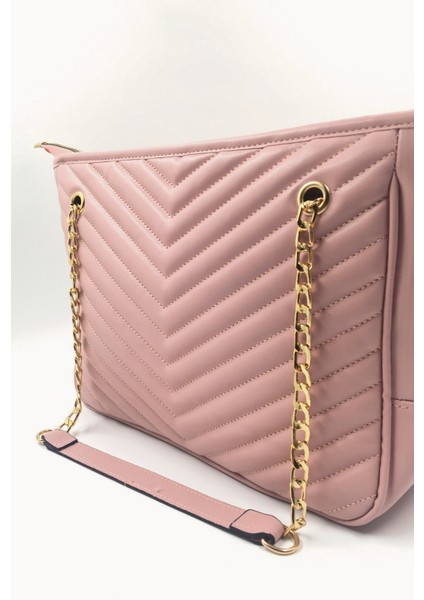 Enchant Pembe Kapitone Nakışlı Fermuarlı Omuz Çantası