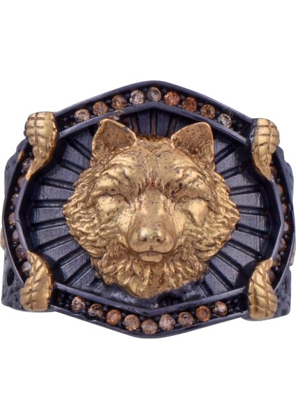 Gold Aslan Başı Figürlü Erkek Gümüş Yüzük 13.2 gr