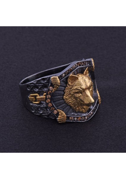 Gold Aslan Başı Figürlü Erkek Gümüş Yüzük 13.2 gr