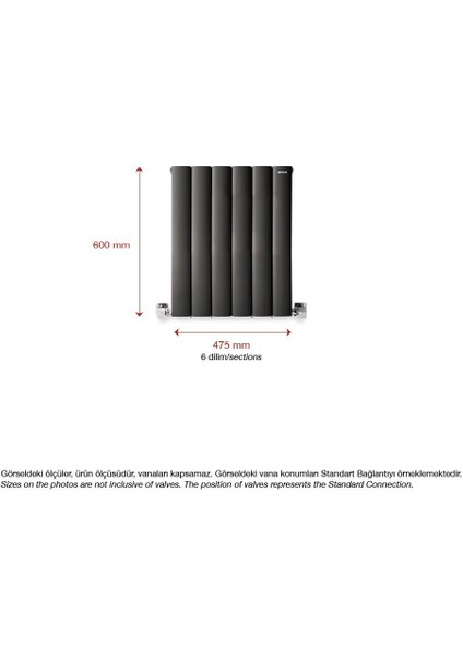 600 x 475 mm Lilac Yatay Antrasit Alüminyum Radyatör Standart Bağlantı