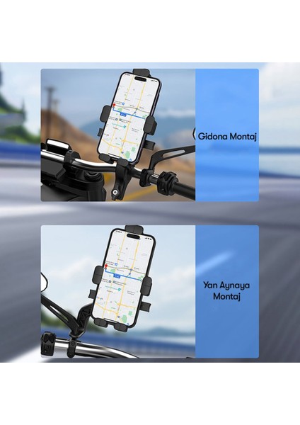 Motosiklet Telefon Tutucu Gidon ve Aynaya Montaj Edilebilir 360 Derece Dönen Otomatik Kilitleme