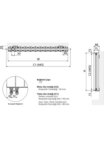 300 x 1195 mm Lilac Yatay Beyaz Alüminyum Radyatör Standart Bağlantı