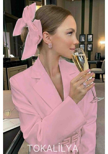 Kadın Pembe Saten Simit Fiyonk Büyük Boy Lüx