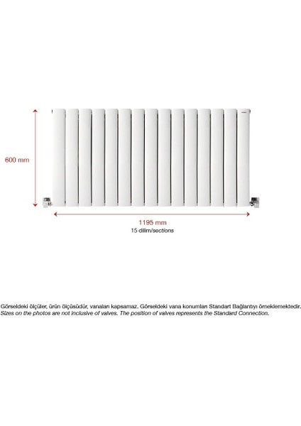 600 x 1195 mm Lilac Yatay Beyaz Alüminyum Radyatör Standart Bağlantı