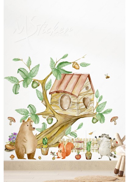 Dalda Ağaç Ev ve Hayvanlar Çocuk Bebek Odası Cam Duvar Sticker Seti