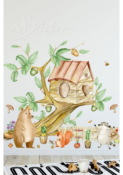 Dalda Ağaç Ev ve Hayvanlar Çocuk Bebek Odası Cam Duvar Sticker Seti fiyatları