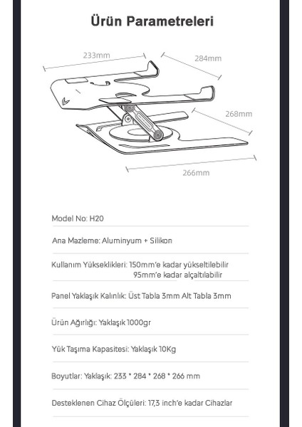 MC-H20-1 Aluminyum 360°DÖNER, Katlanır,yükseklik ve Açı Ayarlı Laptop, Notebook,tablet Standı(Gümüş)