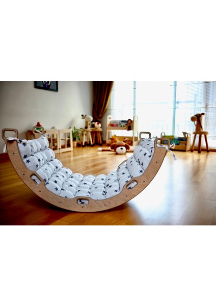Pikler Tırmanma Seti ve Yastık | Montessori 3'lü Set | kemer + Üçgen + Taşlı Rampa + Yıldız Desenli Yastık