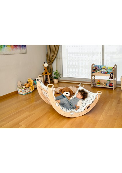 Pikler Tırmanma Seti ve Yastık | Montessori 3'lü Set | kemer + Üçgen + Taşlı Rampa + Yıldız Desenli Yastık