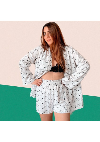 Beyaz Nakışlı Keten Kimono Takım modelleri