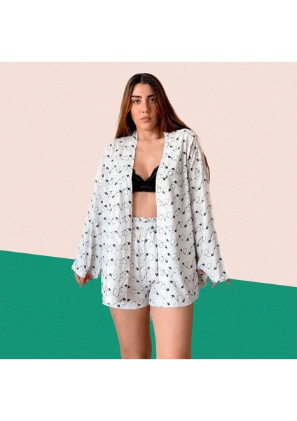 Beyaz Nakışlı Keten Kimono Takım fırsatları