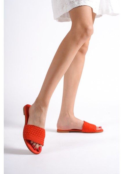 Hakiki Deri 655-KR Kadın Hasır Görünümlü Kırmızı Düz Terlik fiyatları