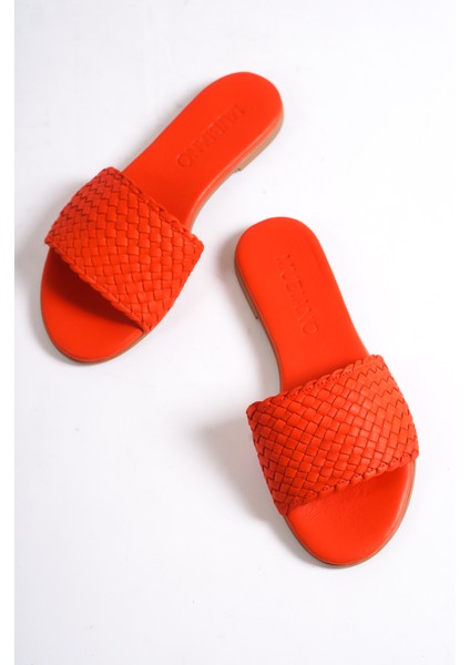 Hakiki Deri 655-KR Kadın Hasır Görünümlü Kırmızı Düz Terlik modelleri