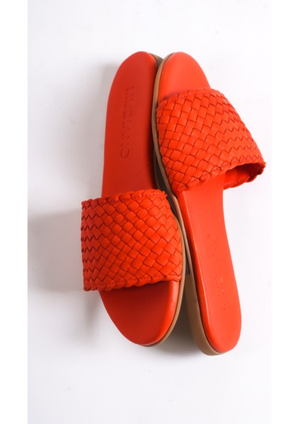 Hakiki Deri 655-KR Kadın Hasır Görünümlü Kırmızı Düz Terlik fırsatları