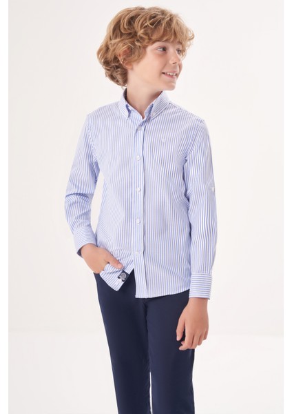 Regular Fit Yaka Düğmeli Mavi Erkek Çocuk Gömlek GM23Y231161_D35