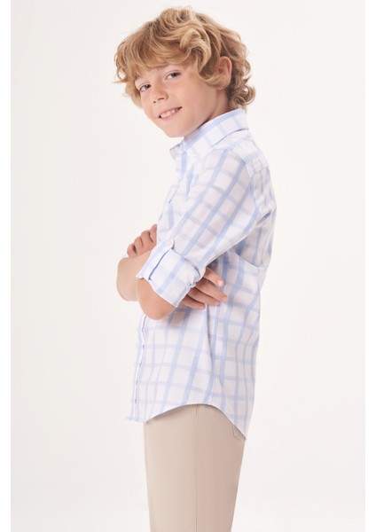 Regular Fit Yaka Düğmeli Mavi Erkek Çocuk Gömlek GM23Y231169_D35