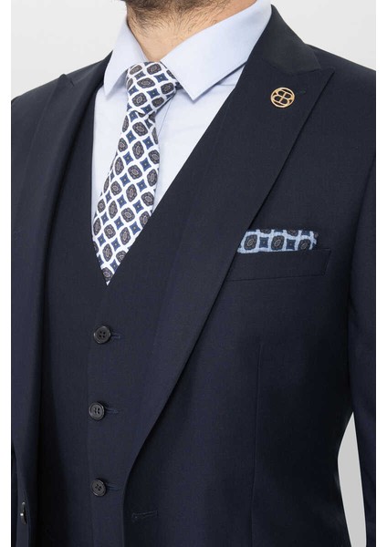Slim Fit Duz Yeleklı Takım Elbıse Lacivert