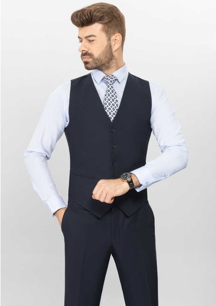 Slim Fit Duz Yeleklı Takım Elbıse Lacivert