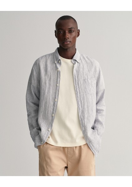 Gant Erkek Beyaz Regular Fit Düğmeli Yaka Çizgili Keten Gömlek 3230081.110