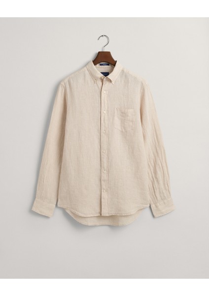 Gant Erkek Bej Regular Fit Düğmeli Yaka Çizgili Keten Gömlek 3230081.277