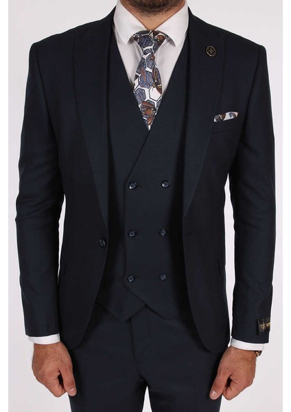 Bırdeye Slimfit Yelekli Takım Elbise Lacivert