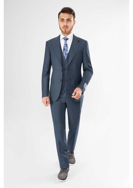 Slim Fit Bırdeye Yeleklı Takım Elbıse Lacivert