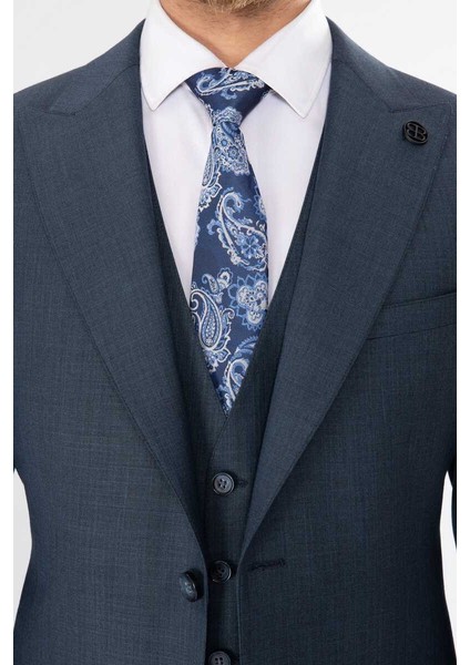 Slim Fit Bırdeye Yeleklı Takım Elbıse Lacivert