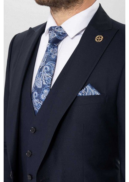 Slim Fit Duz Yeleklı Takım Elbıse Lacivert