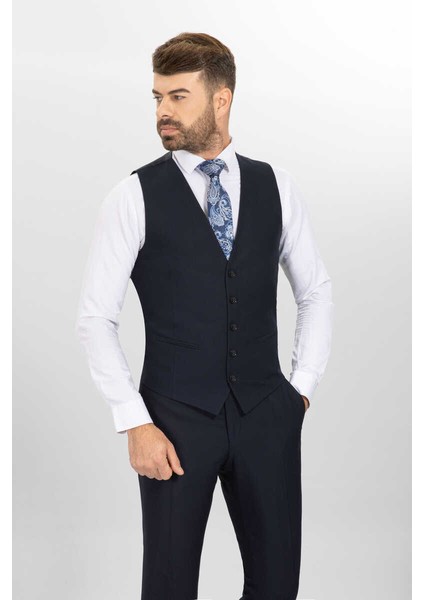 Slim Fit Duz Yeleklı Takım Elbıse Lacivert