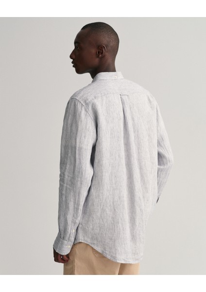 Gant Erkek Beyaz Regular Fit Düğmeli Yaka Çizgili Keten Gömlek 3230081.110