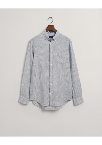 Gant Erkek Beyaz Regular Fit Düğmeli Yaka Çizgili Keten Gömlek 3230081.110