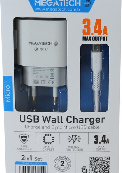 Cc-03 3.4A Micro USB Kablo+ Ev Şarj Adaptörü Hızlı Şarj