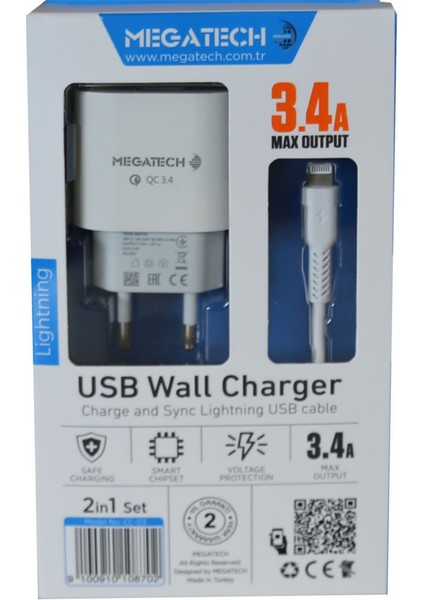 Cc-03 3.4A Lightning USB Kablo + Ev Şarj Adaptörü Hızlı Şarj