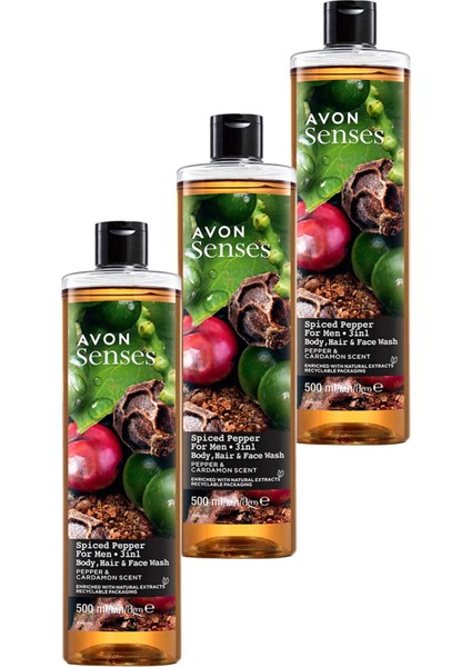 Senses Spiced Pepper Karabiber ve Kakule Kokulu Erkekler İçin Duş Jeli 500 ml Üçlü Set
