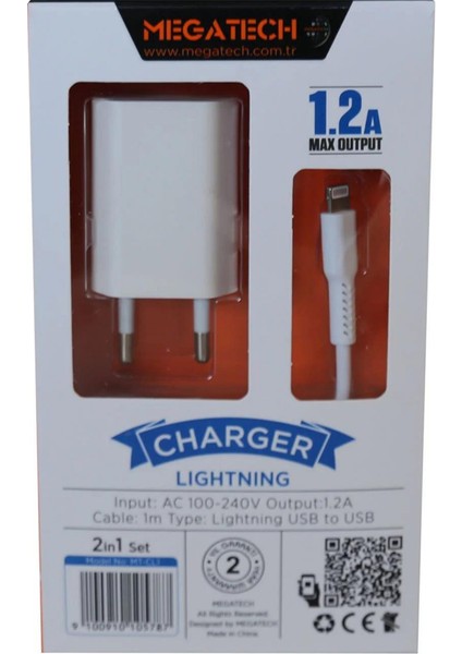 Mt-Cl1 1.2ın USB Ev Şarj Cihazı +Iphone Kablo