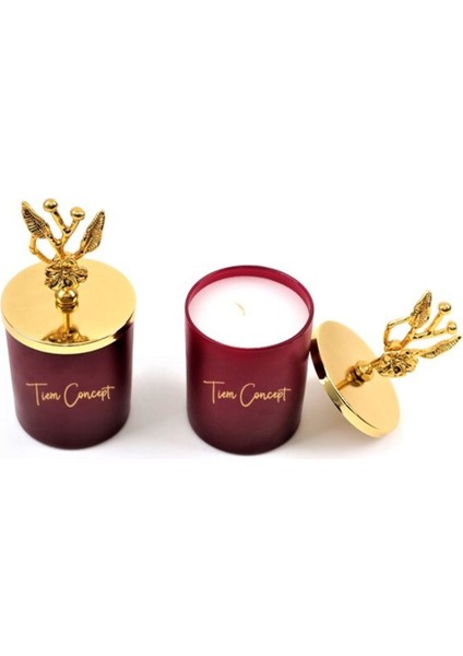 Dekoratif Gold Zeytin Dalı Tepelikli Amber Kokulu 2li Bordo Bardak Mum Seti