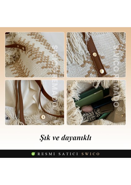 Büyük Kapasiteli Püskül Pamuk ve Keten Dokuma Tote Çanta (Yurt Dışından)