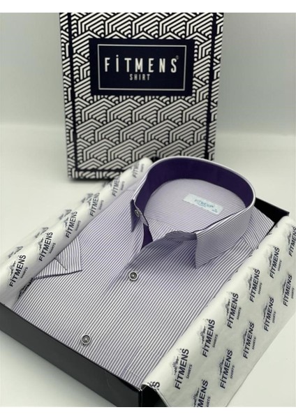 Klasik Kısa Kol Çizgili Hediye Kutulu Erkek Gömlek C.5246 - Lila