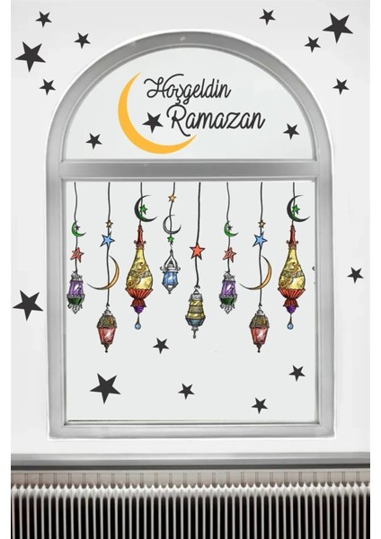 Hoşgeldin Ramazan Renkli Fener Sarkıt Cam Duvar Dekorasyon Sticker Seti Ramazan Süsü Bayram